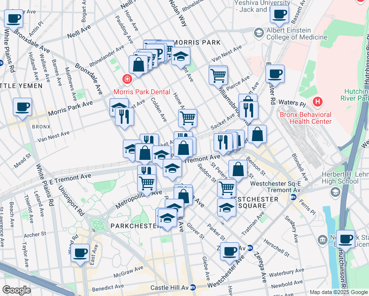map of restaurants, bars, coffee shops, grocery stores, and more near 2453 Poplar Street in The Bronx