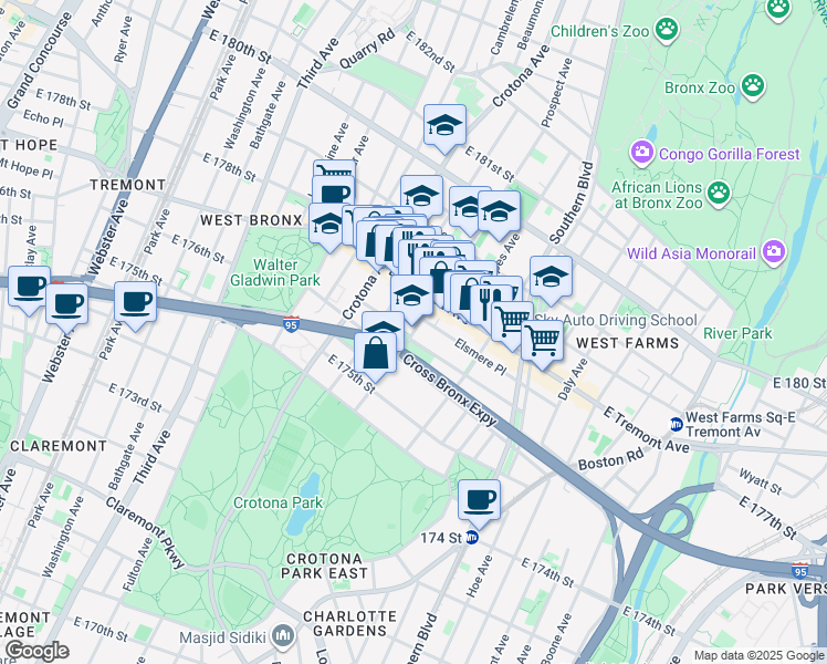 map of restaurants, bars, coffee shops, grocery stores, and more near 1919 Prospect Avenue in The Bronx