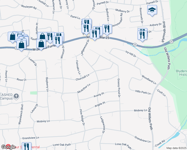 map of restaurants, bars, coffee shops, grocery stores, and more near 28 Churchill Lane in Smithtown