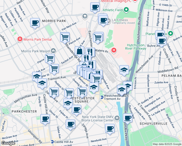 map of restaurants, bars, coffee shops, grocery stores, and more near 2601 Saint Raymond Avenue in Bronx