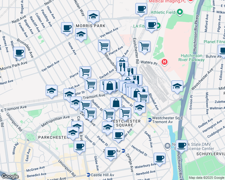 map of restaurants, bars, coffee shops, grocery stores, and more near 1511 Silver Street in Bronx