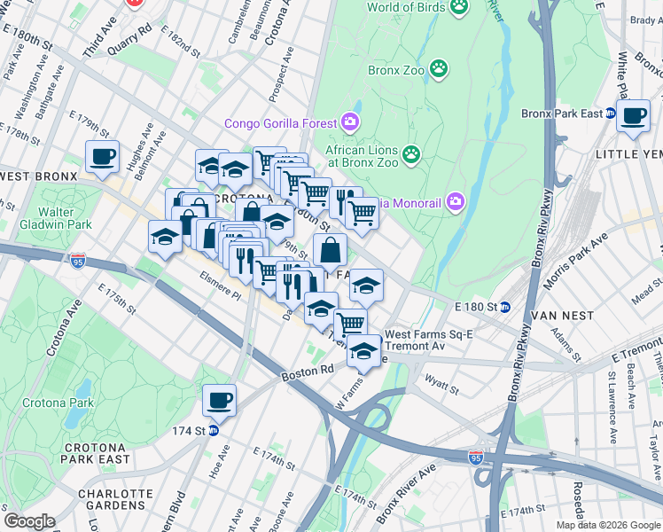 map of restaurants, bars, coffee shops, grocery stores, and more near 2061 Daly Avenue in Bronx