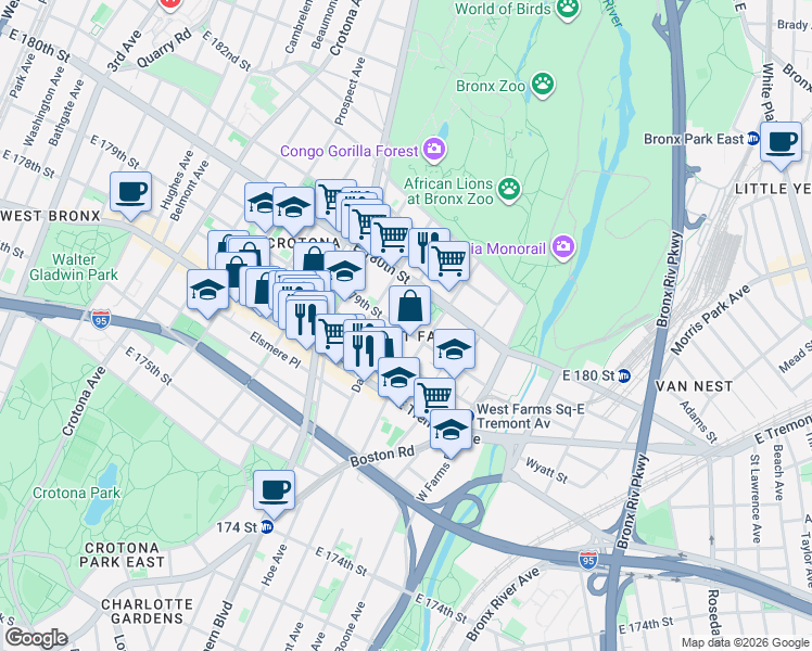 map of restaurants, bars, coffee shops, grocery stores, and more near 2061 Daly Avenue in Bronx