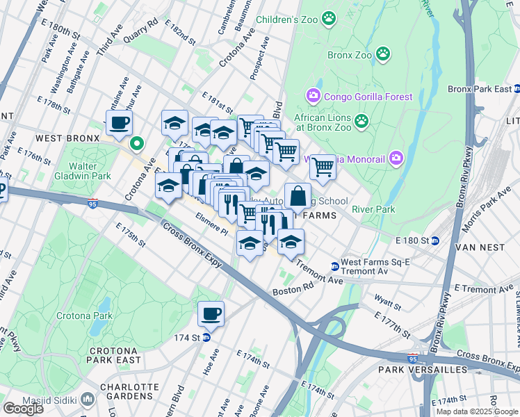 map of restaurants, bars, coffee shops, grocery stores, and more near 887 East 178th Street in Bronx
