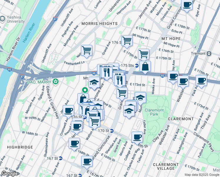 map of restaurants, bars, coffee shops, grocery stores, and more near in The Bronx