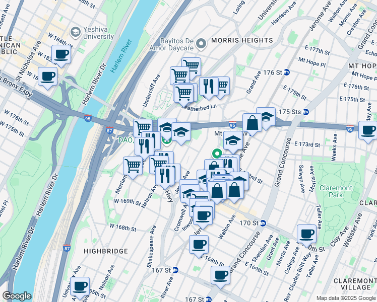 map of restaurants, bars, coffee shops, grocery stores, and more near 1460 Shakespeare Avenue in Bronx