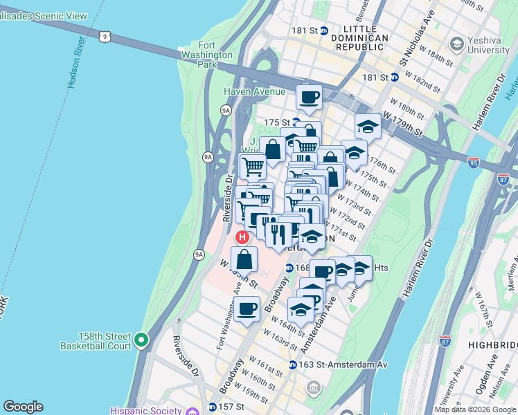 map of restaurants, bars, coffee shops, grocery stores, and more near 60 Haven Avenue in New York