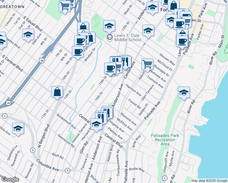 map of restaurants, bars, coffee shops, grocery stores, and more near 1319 Anderson Avenue in Fort Lee