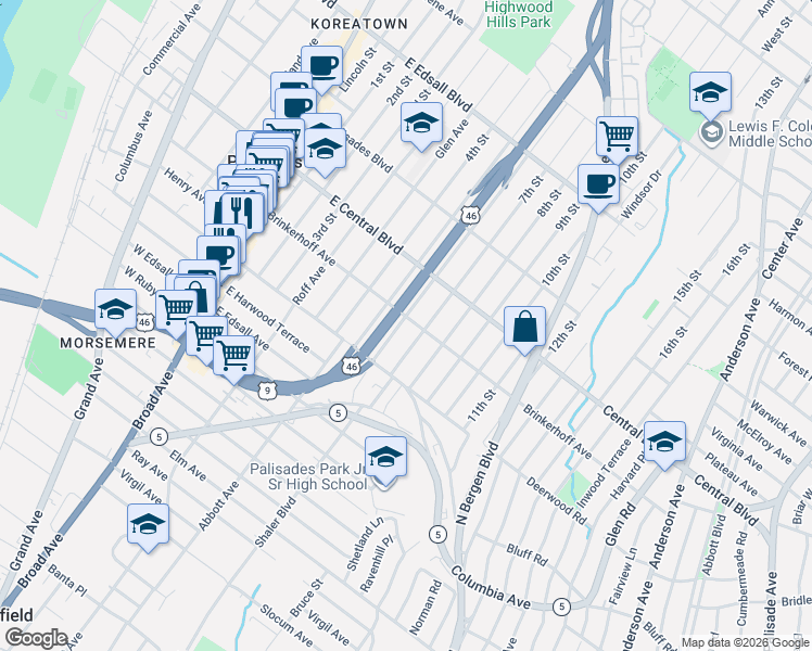 map of restaurants, bars, coffee shops, grocery stores, and more near 212 U.S. 9 in Palisades Park