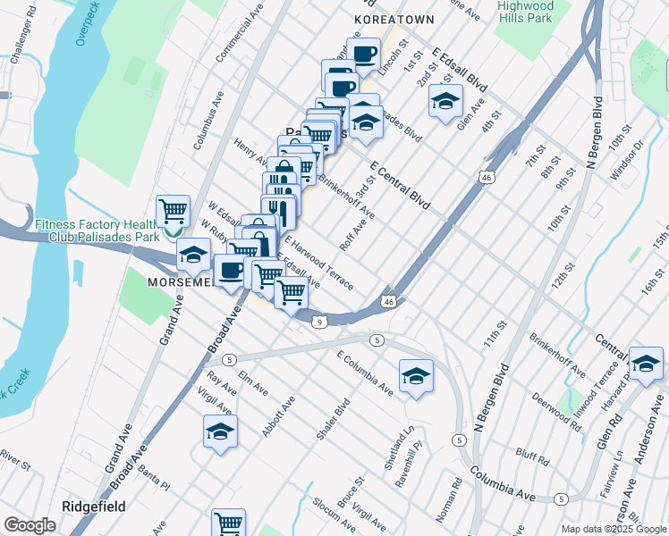 map of restaurants, bars, coffee shops, grocery stores, and more near 61 East Harwood Terrace in Palisades Park