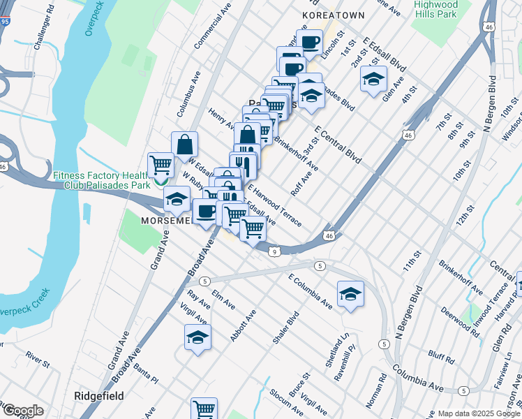 map of restaurants, bars, coffee shops, grocery stores, and more near 27B East Edsall Avenue in Palisades Park