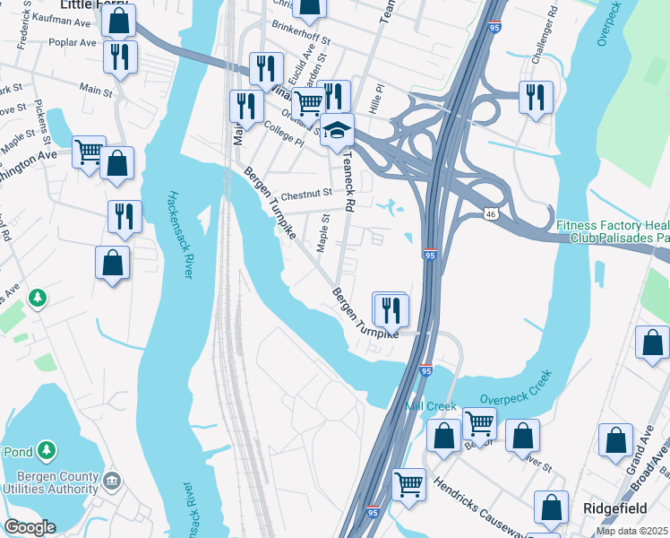 map of restaurants, bars, coffee shops, grocery stores, and more near 17 Teaneck Road in Ridgefield Park