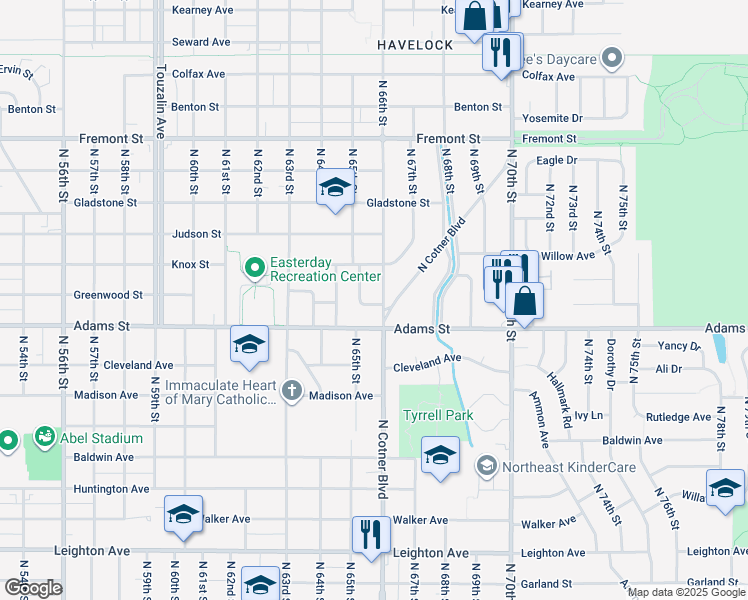 map of restaurants, bars, coffee shops, grocery stores, and more near 3115 North 65th Street in Lincoln