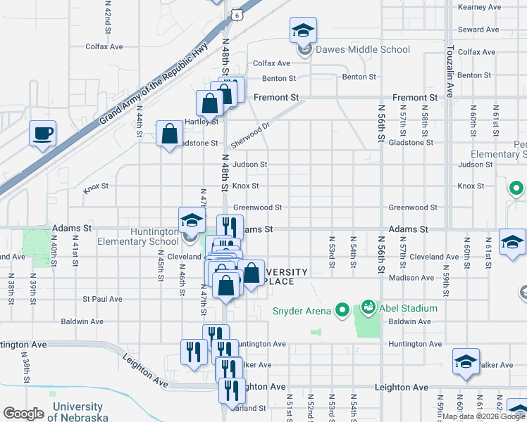 map of restaurants, bars, coffee shops, grocery stores, and more near 3043 North 50th Street in Lincoln