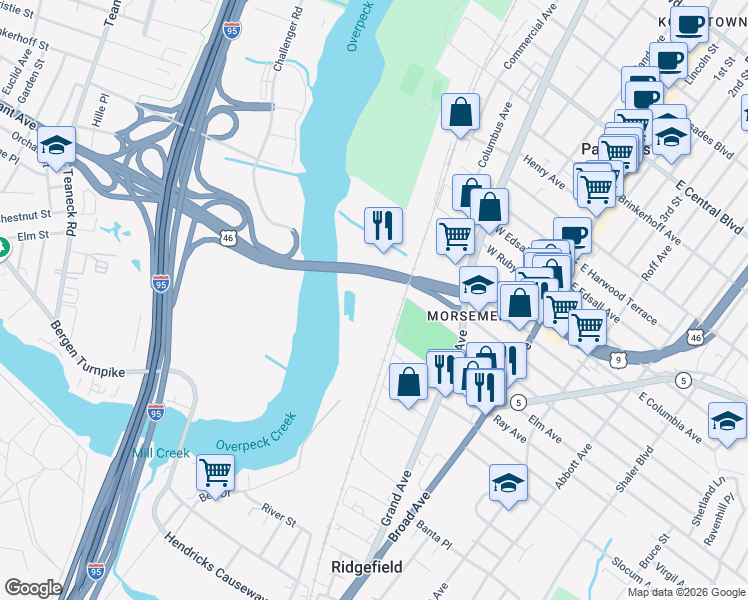 map of restaurants, bars, coffee shops, grocery stores, and more near 1098 U.S. 46 in Ridgefield