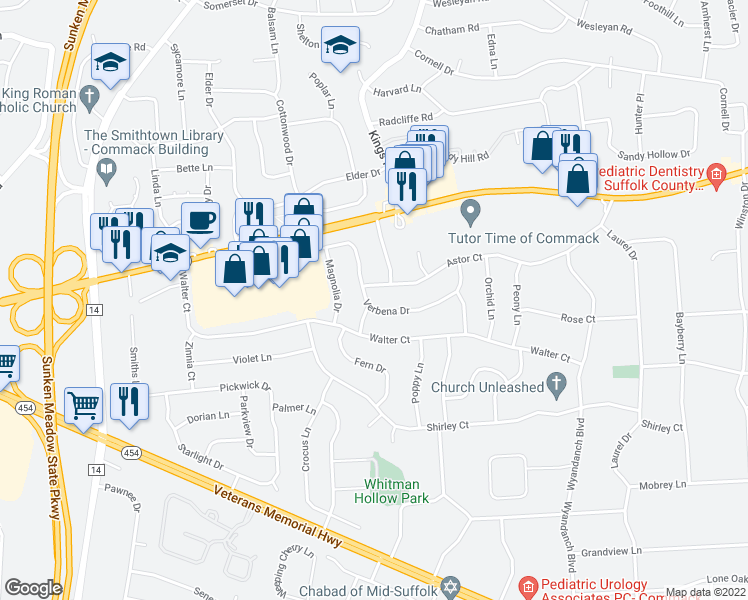 map of restaurants, bars, coffee shops, grocery stores, and more near 39 Verbena Drive in Commack