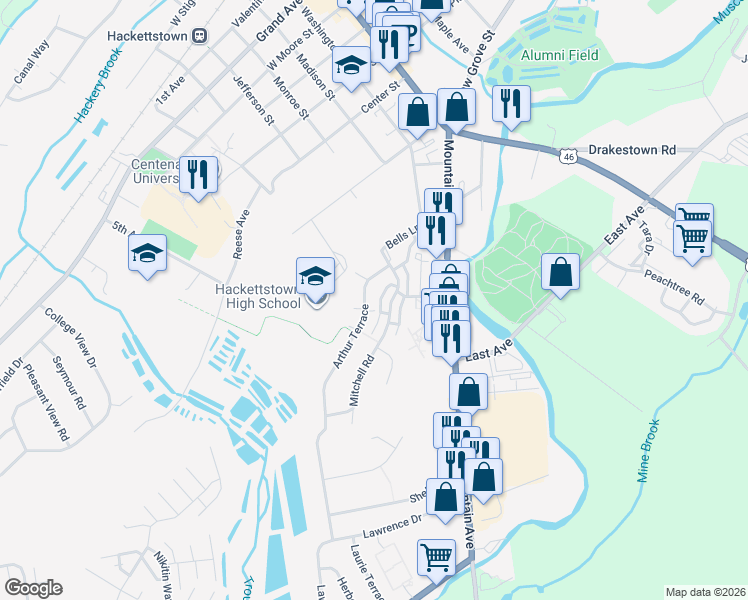 map of restaurants, bars, coffee shops, grocery stores, and more near 28 Arthur Terrace in Hackettstown