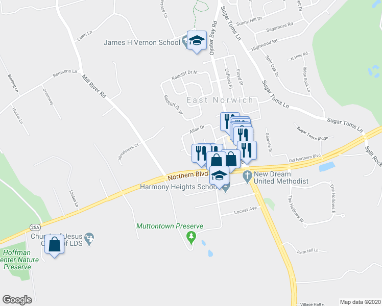 map of restaurants, bars, coffee shops, grocery stores, and more near 30 Ross Lane in East Norwich