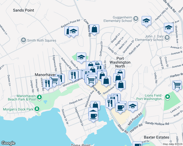 map of restaurants, bars, coffee shops, grocery stores, and more near 25 Soundview Drive in Port Washington