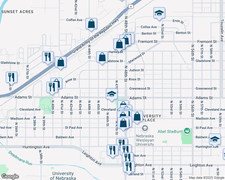 map of restaurants, bars, coffee shops, grocery stores, and more near 4623 Greenwood Street in Lincoln