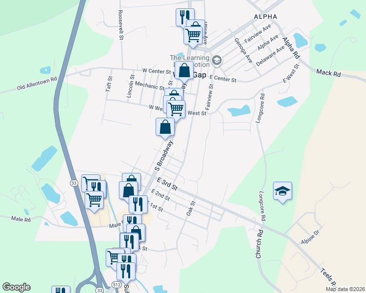 map of restaurants, bars, coffee shops, grocery stores, and more near 333 South Broadway in Wind Gap