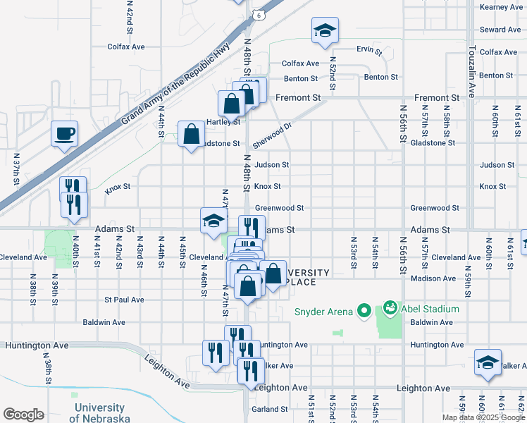 map of restaurants, bars, coffee shops, grocery stores, and more near 3043 North 49th Street in Lincoln