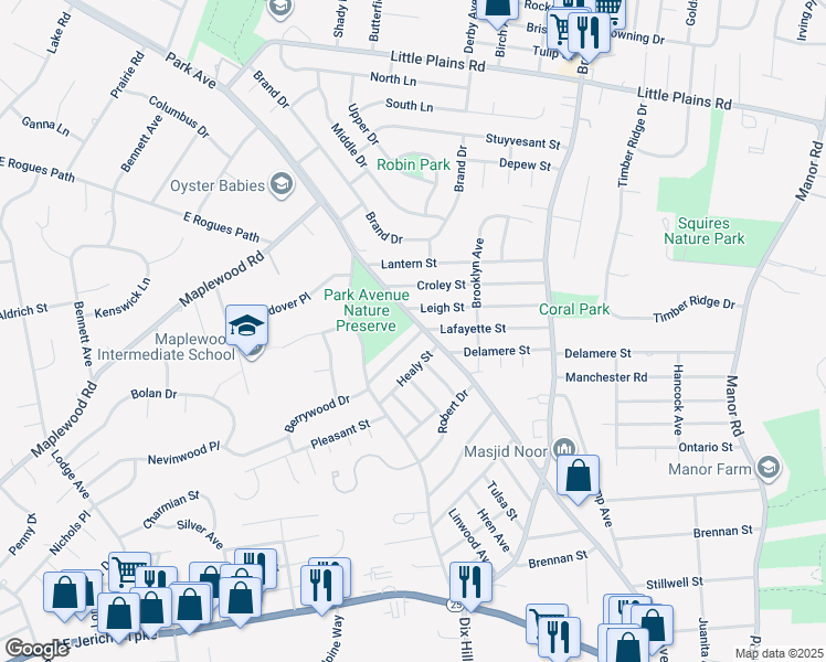 map of restaurants, bars, coffee shops, grocery stores, and more near 977 Park Avenue in Huntington
