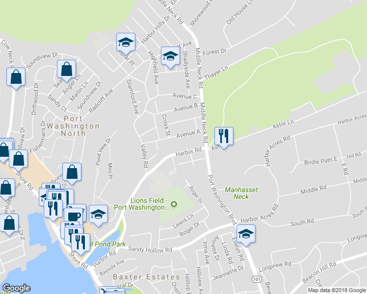 map of restaurants, bars, coffee shops, grocery stores, and more near 127 Harbor Road in Port Washington