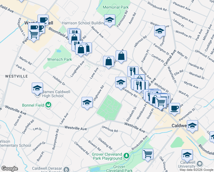 map of restaurants, bars, coffee shops, grocery stores, and more near 6 Highview Rd in Caldwell