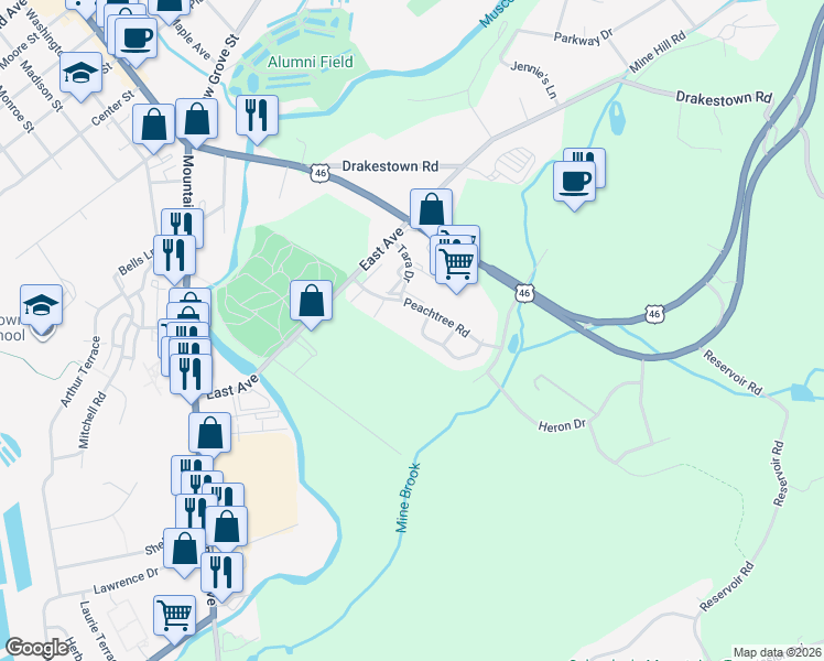 map of restaurants, bars, coffee shops, grocery stores, and more near 1701 Scarlett Drive in Hackettstown
