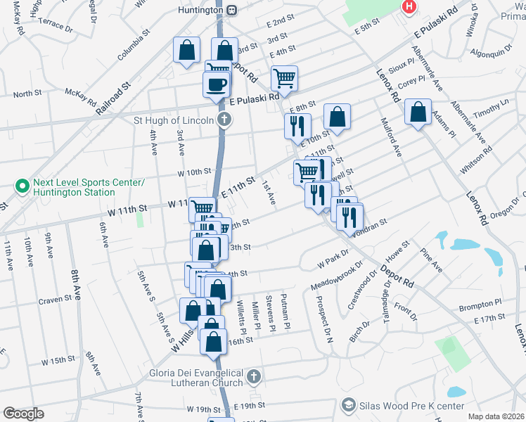 map of restaurants, bars, coffee shops, grocery stores, and more near 26 East 12th Street in Huntington Station