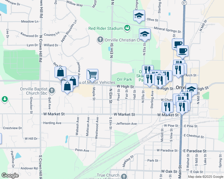map of restaurants, bars, coffee shops, grocery stores, and more near 336 North Elm Street in Orrville
