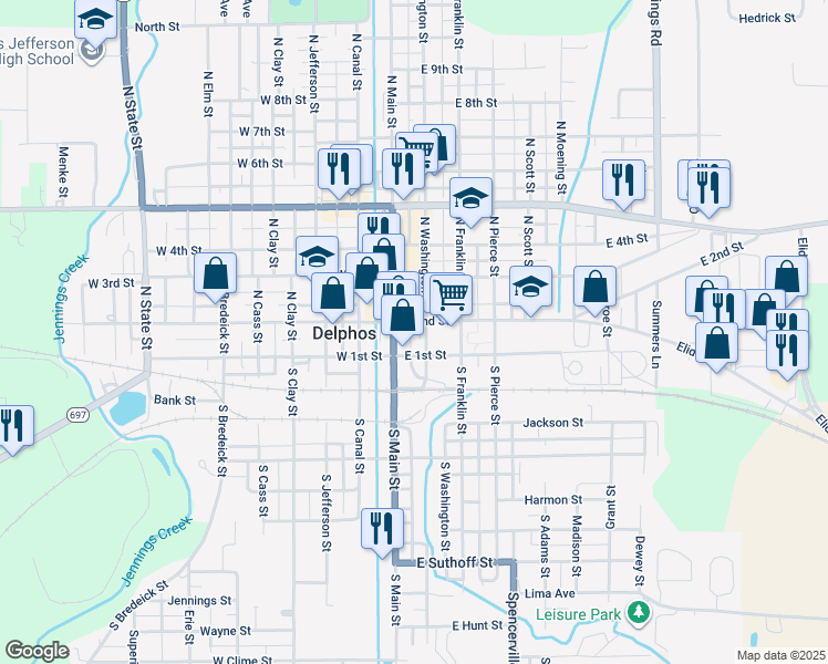 map of restaurants, bars, coffee shops, grocery stores, and more near 125 E 2nd St in Delphos