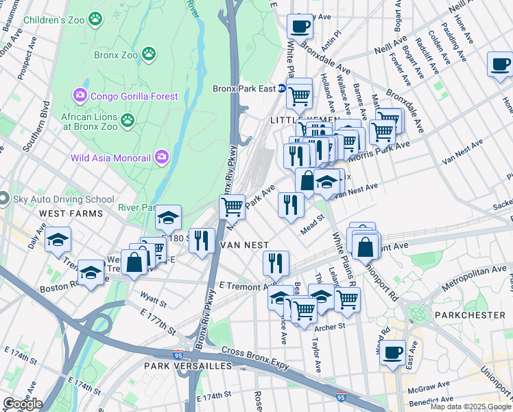 map of restaurants, bars, coffee shops, grocery stores, and more near 574 Morris Park Avenue in The Bronx