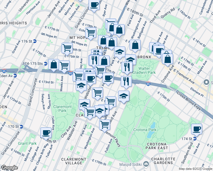 map of restaurants, bars, coffee shops, grocery stores, and more near 1745 Washington Avenue in The Bronx