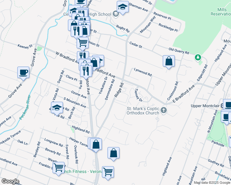 map of restaurants, bars, coffee shops, grocery stores, and more near 160 Ridge Road in Cedar Grove
