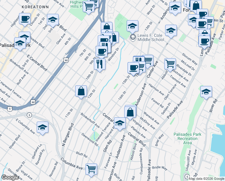 map of restaurants, bars, coffee shops, grocery stores, and more near 1265 15th Street in Fort Lee