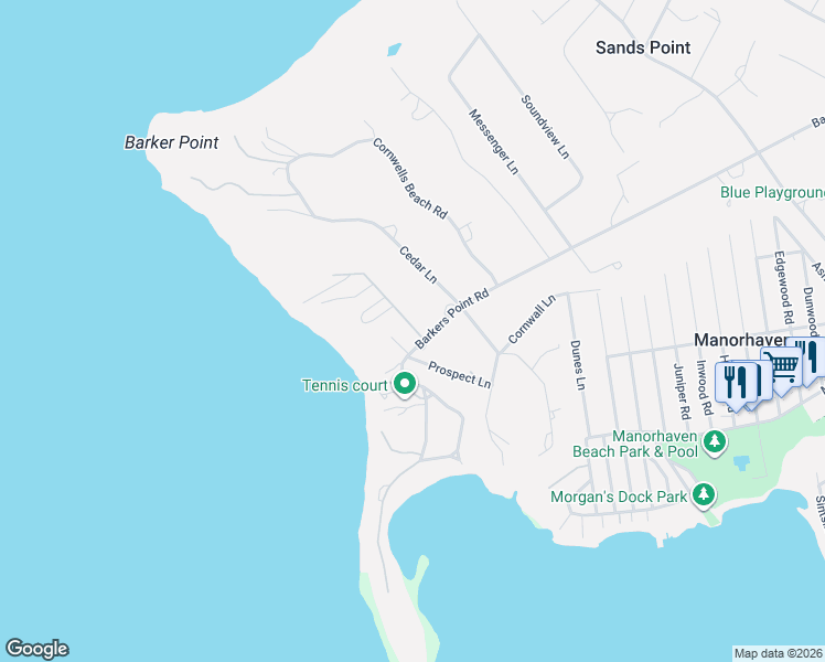 map of restaurants, bars, coffee shops, grocery stores, and more near 2 Hicks Lane in Sands Point