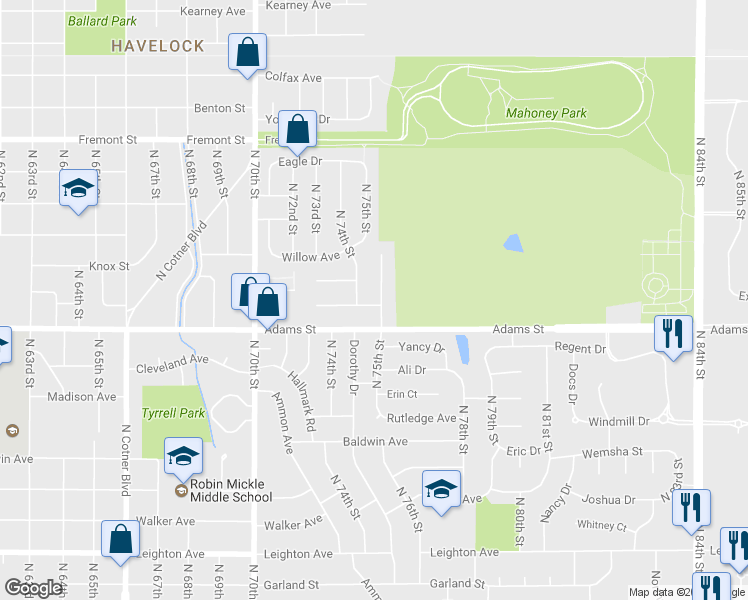 map of restaurants, bars, coffee shops, grocery stores, and more near 3015 North 75th Street Court in Lincoln