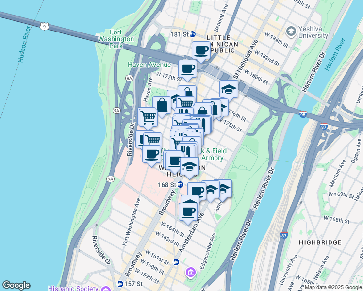 map of restaurants, bars, coffee shops, grocery stores, and more near 4067 Broadway in New York