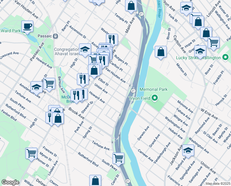 map of restaurants, bars, coffee shops, grocery stores, and more near 88 Spring Street in Passaic