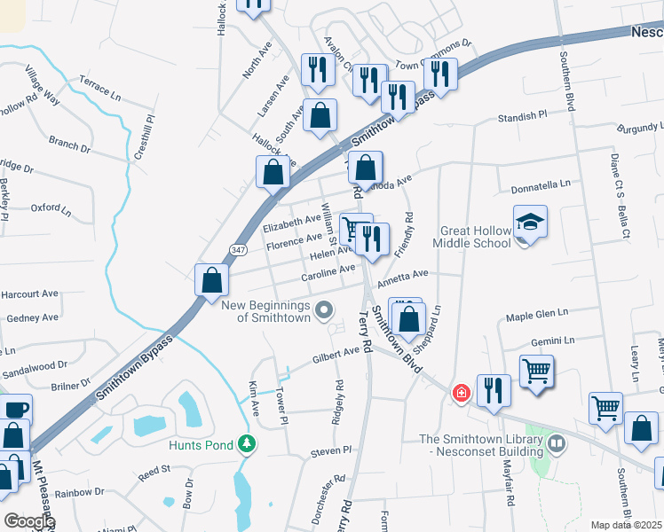 map of restaurants, bars, coffee shops, grocery stores, and more near 5 Caroline Avenue in Smithtown