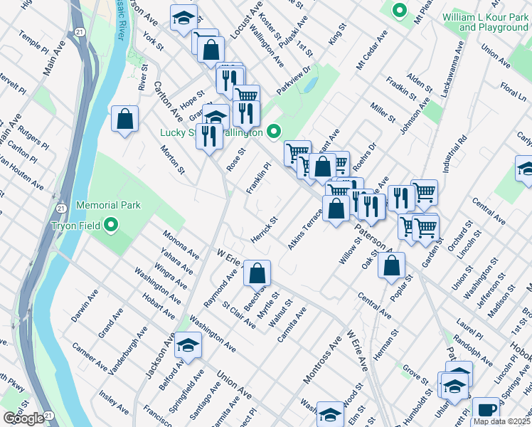 map of restaurants, bars, coffee shops, grocery stores, and more near 3 Margood Court in East Rutherford
