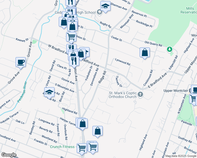 map of restaurants, bars, coffee shops, grocery stores, and more near 160 Ridge Road in Cedar Grove