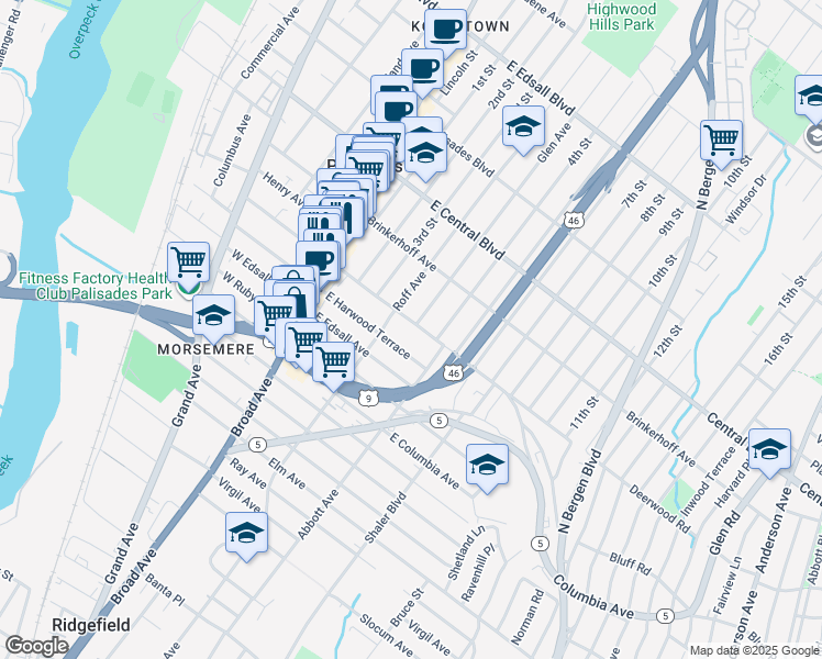 map of restaurants, bars, coffee shops, grocery stores, and more near 118B East Homestead Avenue in Palisades Park