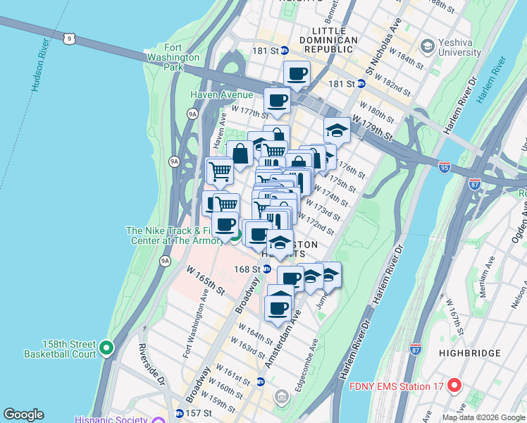 map of restaurants, bars, coffee shops, grocery stores, and more near 625 West 171st Street in New York