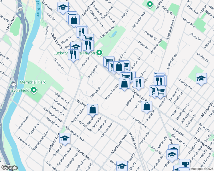 map of restaurants, bars, coffee shops, grocery stores, and more near 37 Bobbink Terrace in East Rutherford