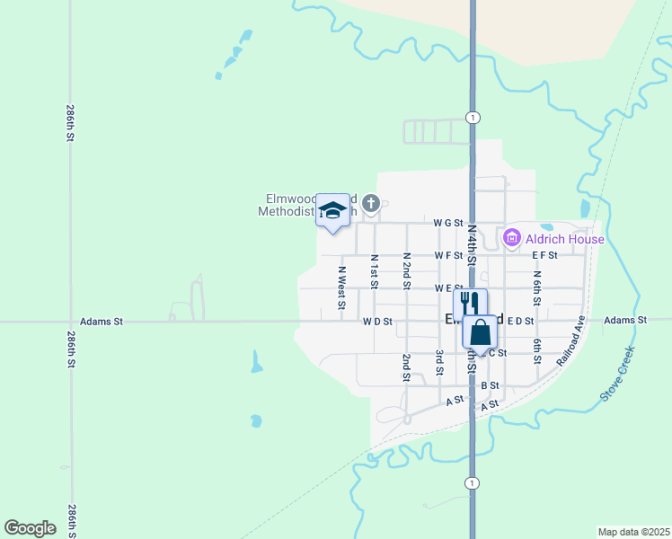 map of restaurants, bars, coffee shops, grocery stores, and more near 216 North West Street in Elmwood