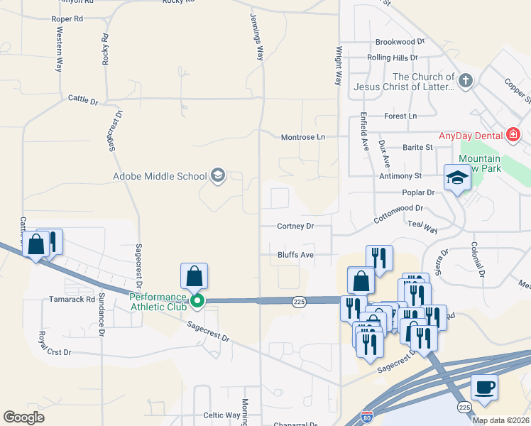 map of restaurants, bars, coffee shops, grocery stores, and more near 3375 Jennings Way in Elko