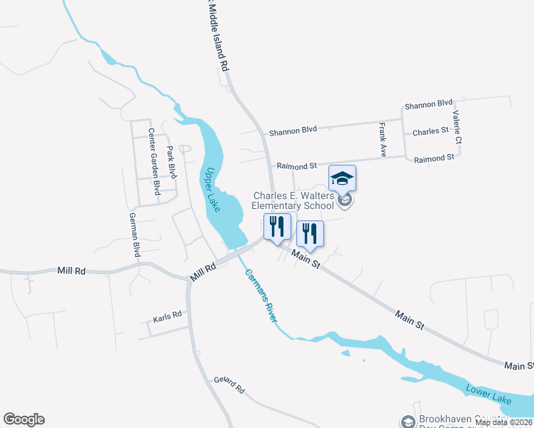 map of restaurants, bars, coffee shops, grocery stores, and more near 518 Yaphank Middle Island Road in Yaphank